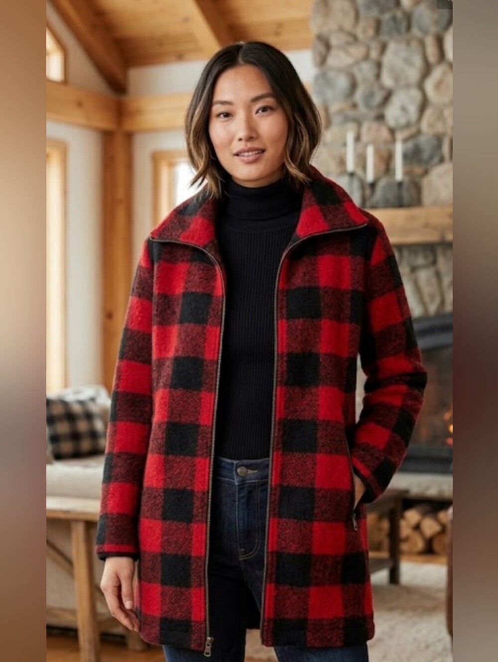 Roots Womens Buffalo Plaid Wool Blend Full Zip Jacket Red Black XS